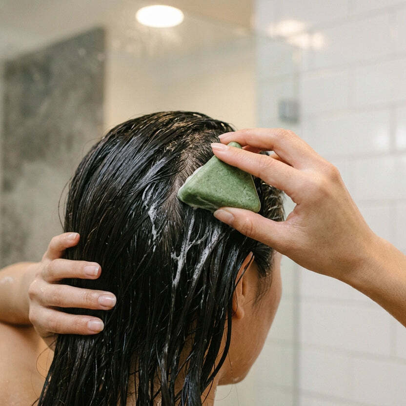 Appliquer le shampoing solide sur le cuir chevelu